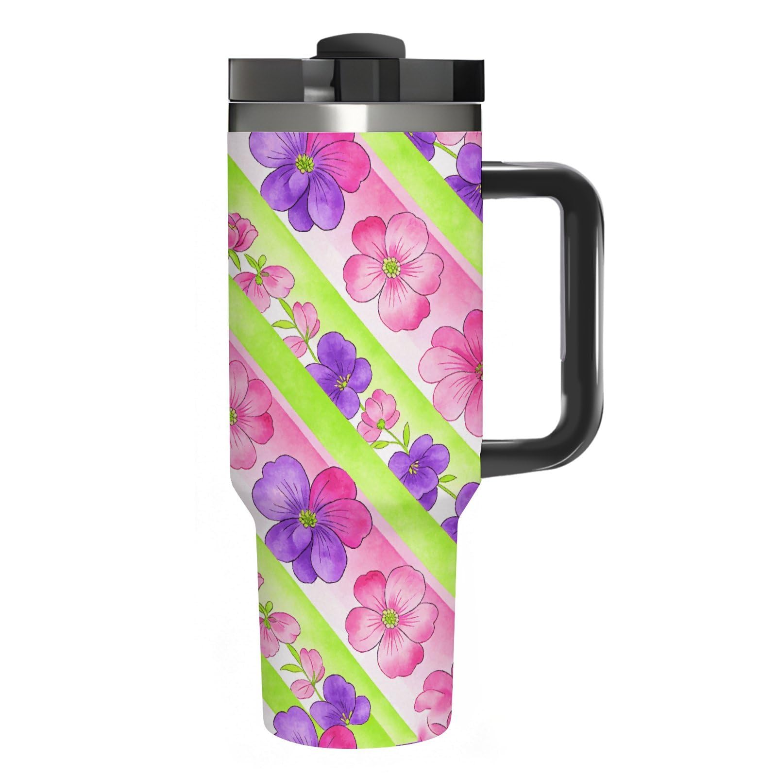 Chevron Blooms - Vaso de café de viaje de acero inoxidable, taza de café con tapa y popote, taza con asa, gran capacidad, doble pared al vacío, a prueba de fugas, taza térmica de café helado