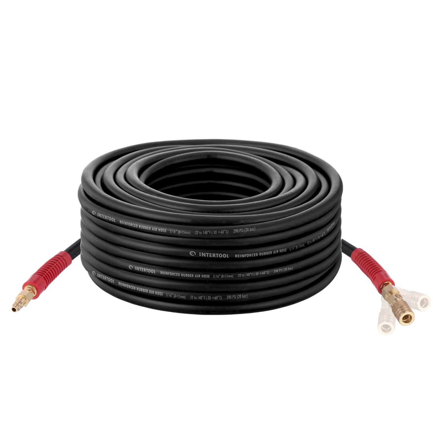 INTERTOOL Rubber Air Hose, 5/16” x 100 Feet, Ultra-Durable, Heavy Duty Reinforced Lining, Kink-Resistant Design, All-Weather, Industrial Brass Fittings, Quick Coupler, I/M Plug PT08-1733