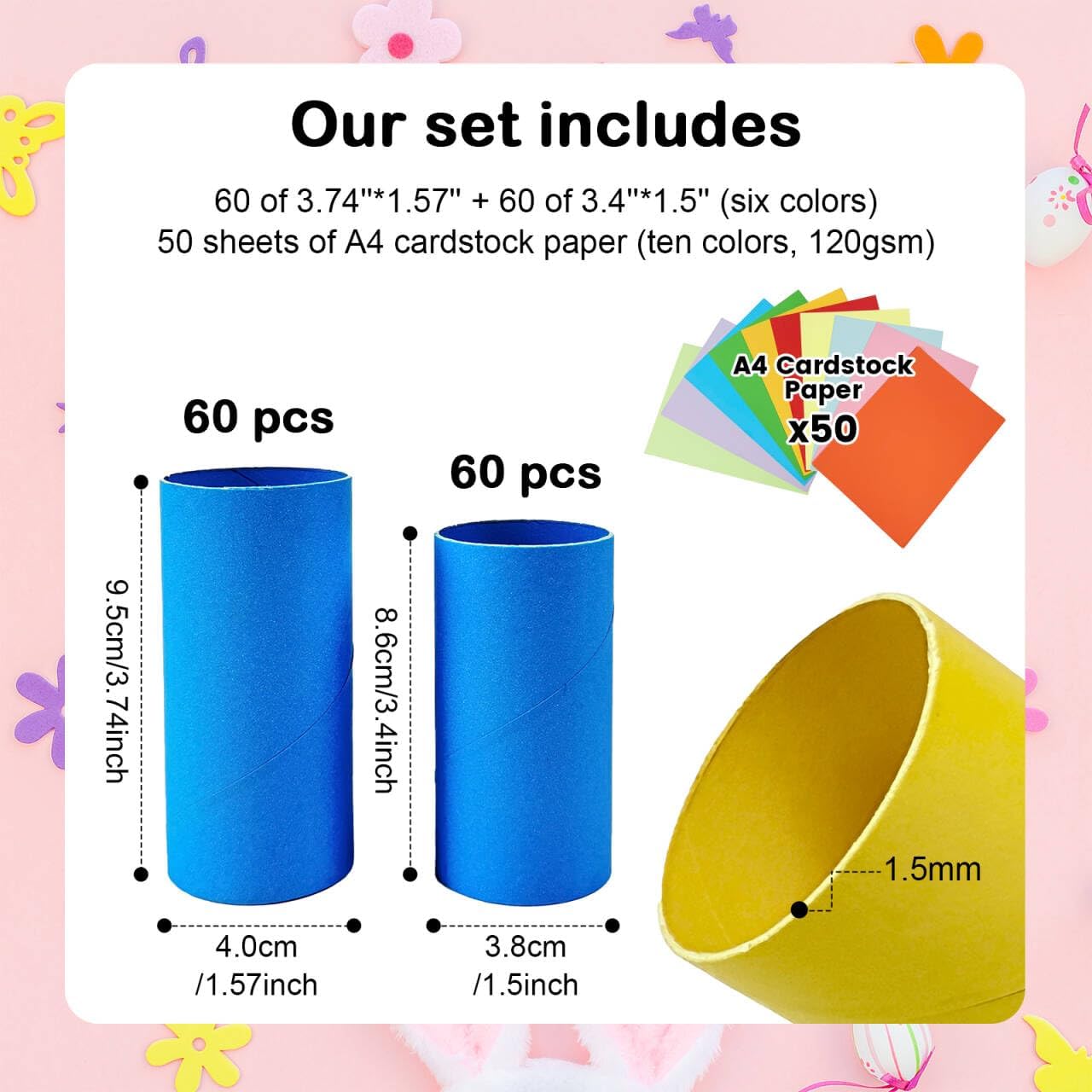 Seeyauro-120 Pack Cardboard Tubes for Crafts-1.57x3.74 Inches&1.5x3.4 Inches-Resistant Toilet Paper Rolls Craft Tubes for DIY, School Supplies-Include 50 Sheets A4 Colorful Paper-Multicolor