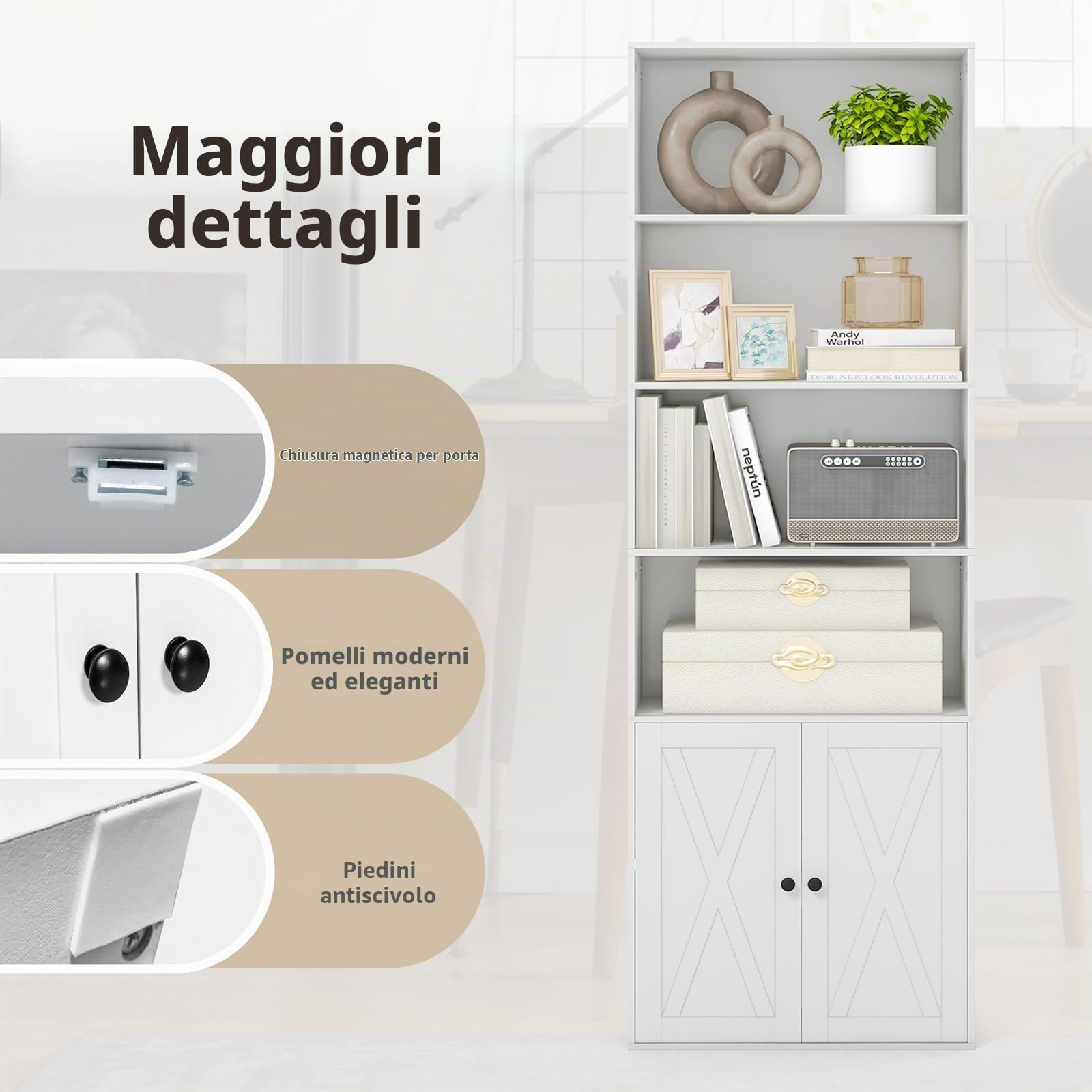 KOMFOTTEU Libreria Scaffale in Legno con Armadio a Ante e 6 Ripiani Aperti