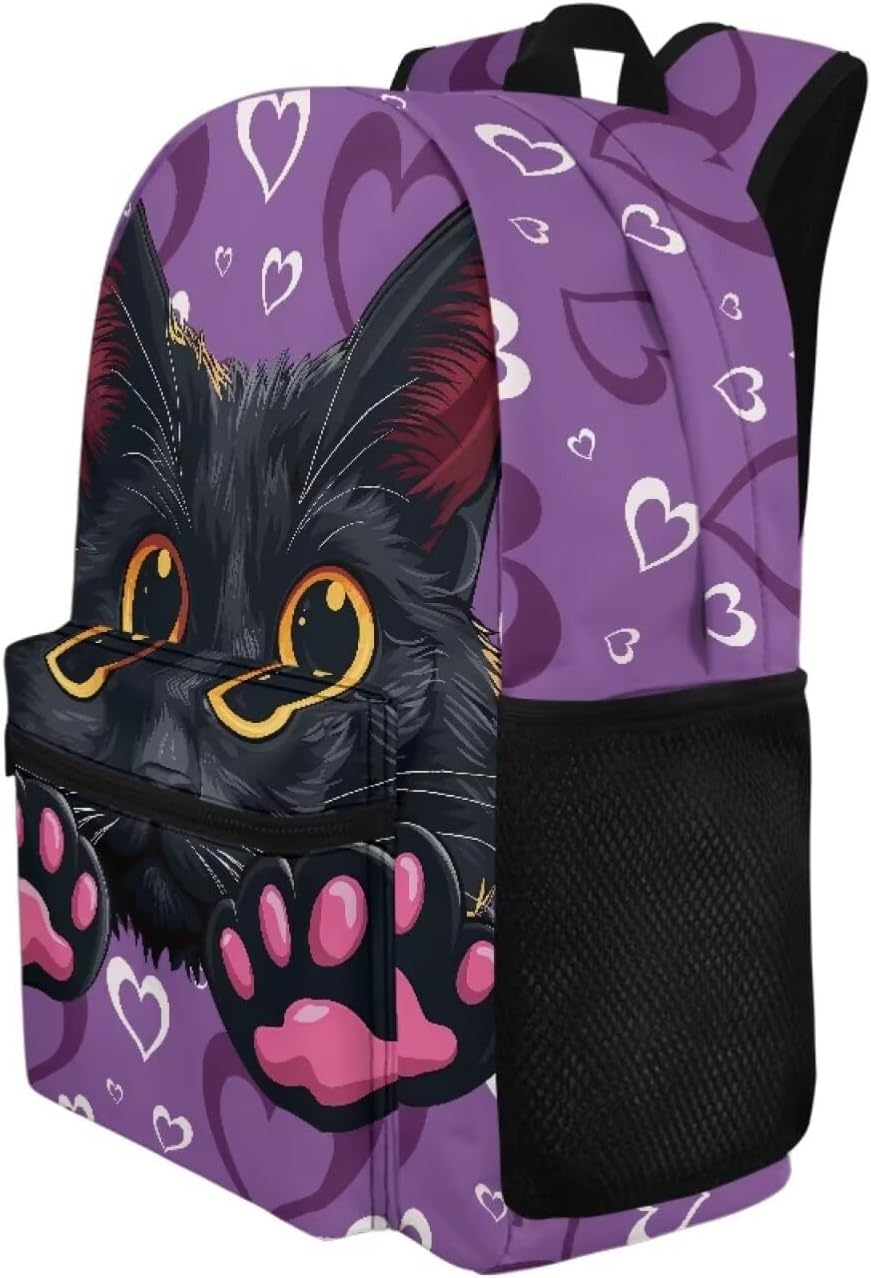 Beauty Collector Black Cat Love Purple School Backpacks for Kids 17" Travel Bookbag with Front Pocket