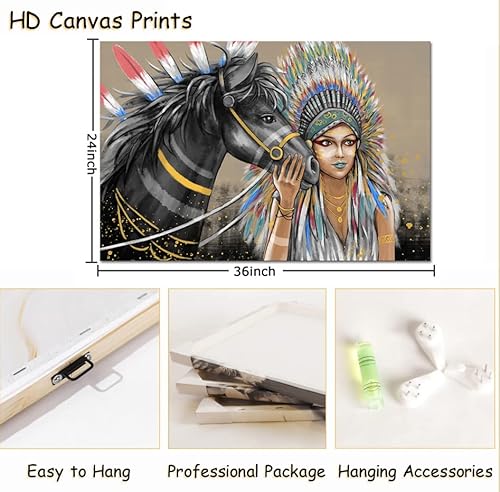 Indian Paintings For Wall Decorations Native American Women With Horse Print On Canvas Chief Vintage Picture Wall Art For Living Room Bedroom Frame Ready To Hang 24"X36" #TOP5