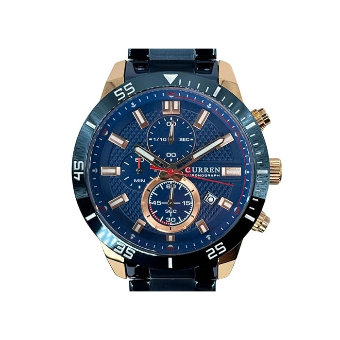 CURREN 8417. Reloj de Cuarzo para Hombre con Correa de Acero Inoxidable Azul y Esfera Azul con Detalles en Rojo, Blanco y Oro Rosa. Tiene función de Calendario y cronómetro. - Imagen 5