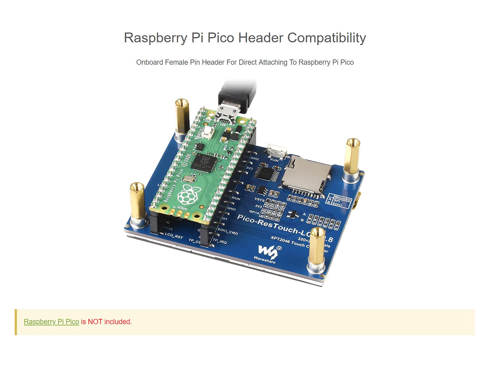 Waveshare Modulo Display Touch da 2,8 pollici per Raspberry Pi Pico 262K Colori 320 × 240 Pixel Controller Touch Resistivo XPT2046 ST7789 Driver Utilizzando SPI Bus..
