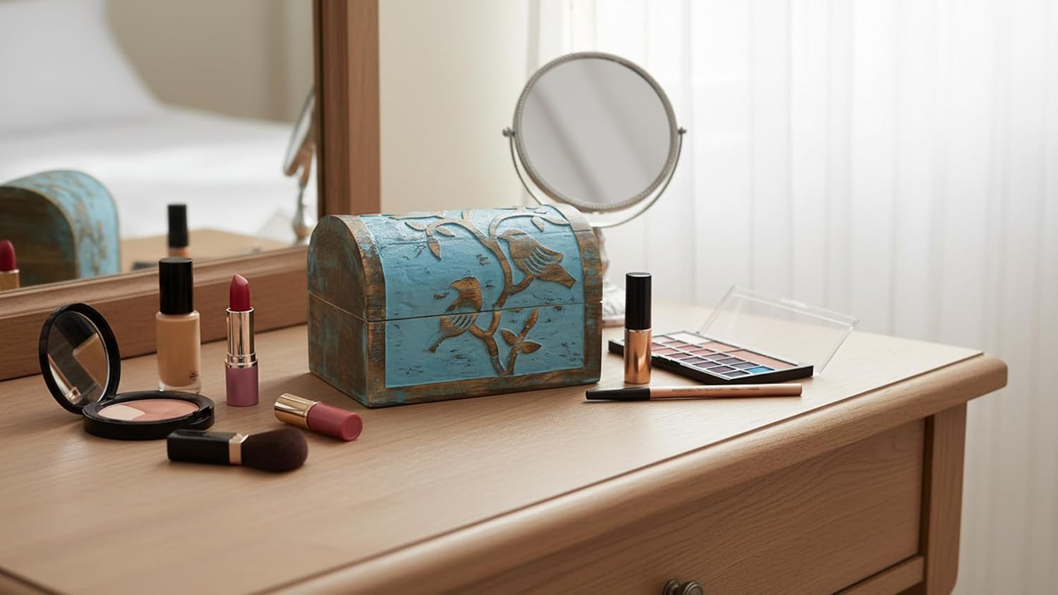 Great Birthday Gift Ideas Handmade Decorative Wooden Jewelry Box Jewelry Organizer Keepsake Box Treasure Chest Trinket Holder Watch Box Storage Lock Box Housewarming Gifts Men Women (Blue Wash Finish)