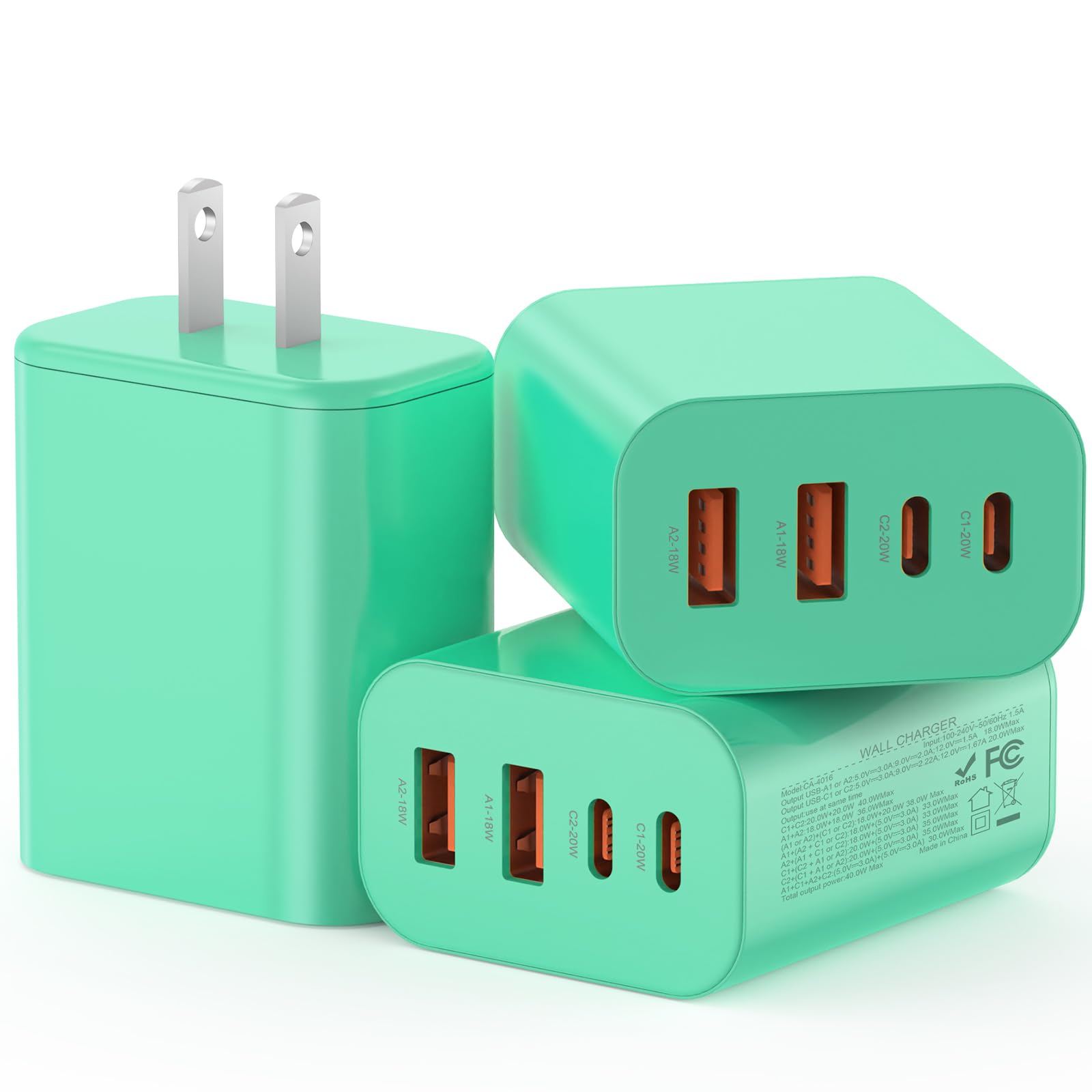 USB C Charger Block, 3-Pack 40W Wall Plug Fast Charging Block, 4-Port PD + QC Power Adapter Type C Charging Blocks Cube, Compatible with iPhone 17/16/