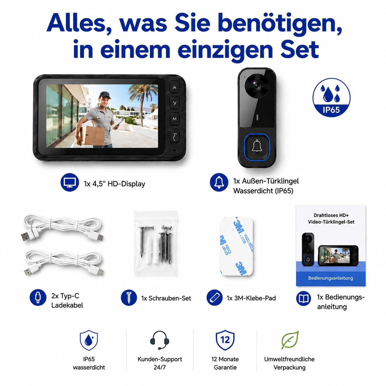 Türklingel mit Kamera, Funkklingel mit Kamera und 4,5 Zoll IPS Monitor, Video Türsprechanlage Kabellos Ohne WLAN & App, 120° Weitwinkel, 2-Wege-Audio, Nachtsicht, IP65 Wasserdicht, Klingel Haustür