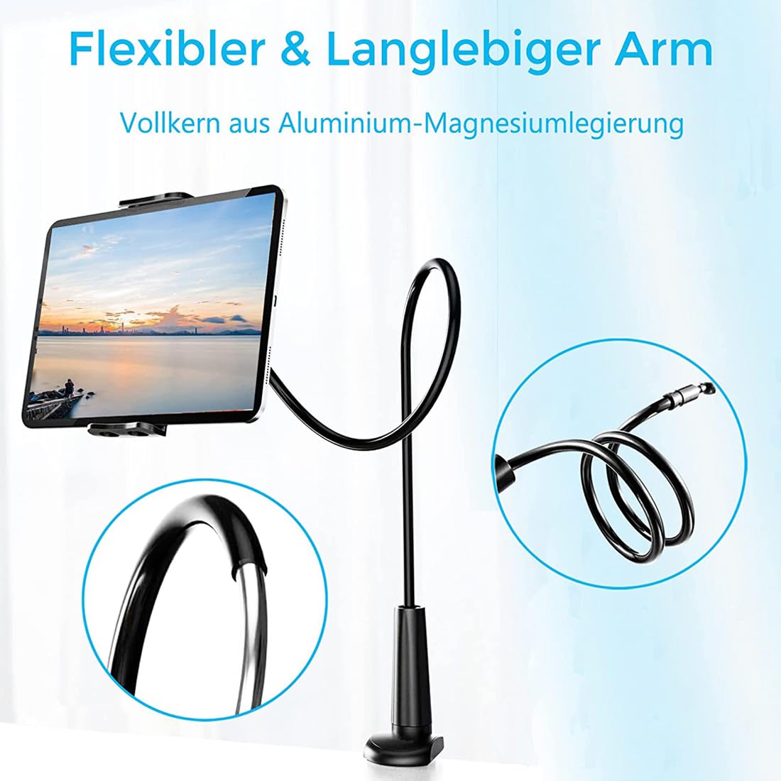 VENQI Supporto per tablet a collo di cigno da letto, supporto flessibile per tablet con braccio a 360°, compatibile con dispositivi da 4,7 a 10,5 pollici
