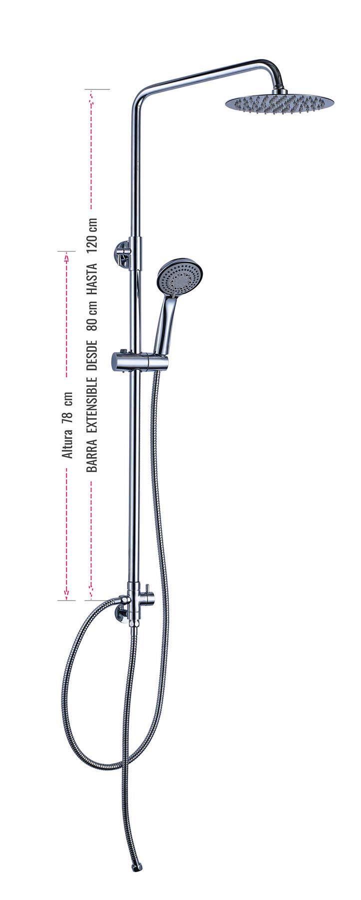 Columna de ducha SIN GRIFERÍA extensible de 80 a 120 cm. Se conecta a grifos de ducha estandar. Incluye desviador, 2 flexos de 60cm y 175cm, ducha de mano hidromasaje y rociador superior redondos