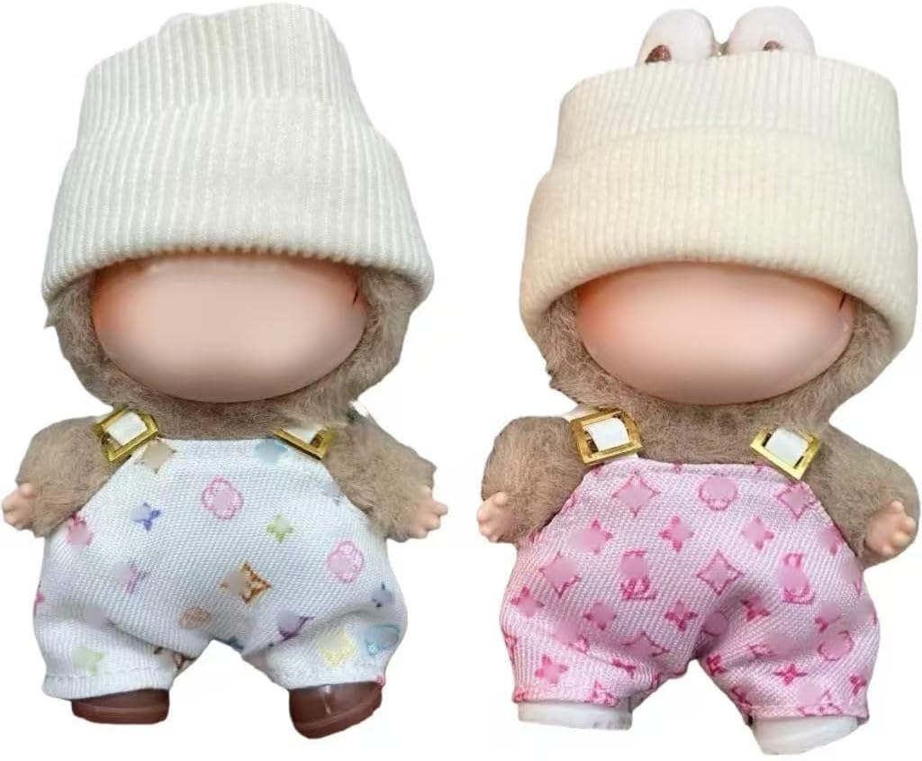 10 CM Doll Clothes for Mini Lububu，2Set of Cute Fashion Outfits Accessories Compatible with Pin for Love Series A-M N-Z,Includes:Two Hats, Two Suspenders, and Two Shoes (Overalls Set)