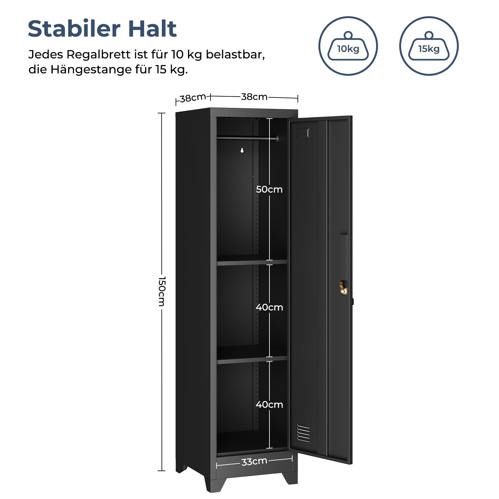 Dripex Metallschrank mit Hängestange, Stahlschrank Aktenschrank abschließbar Aufbewahrungsschrank Mehrzweckschrank Stahlspind für Schule Haus Büro Garag, Schwarz, 150 x 38 x 38 cm