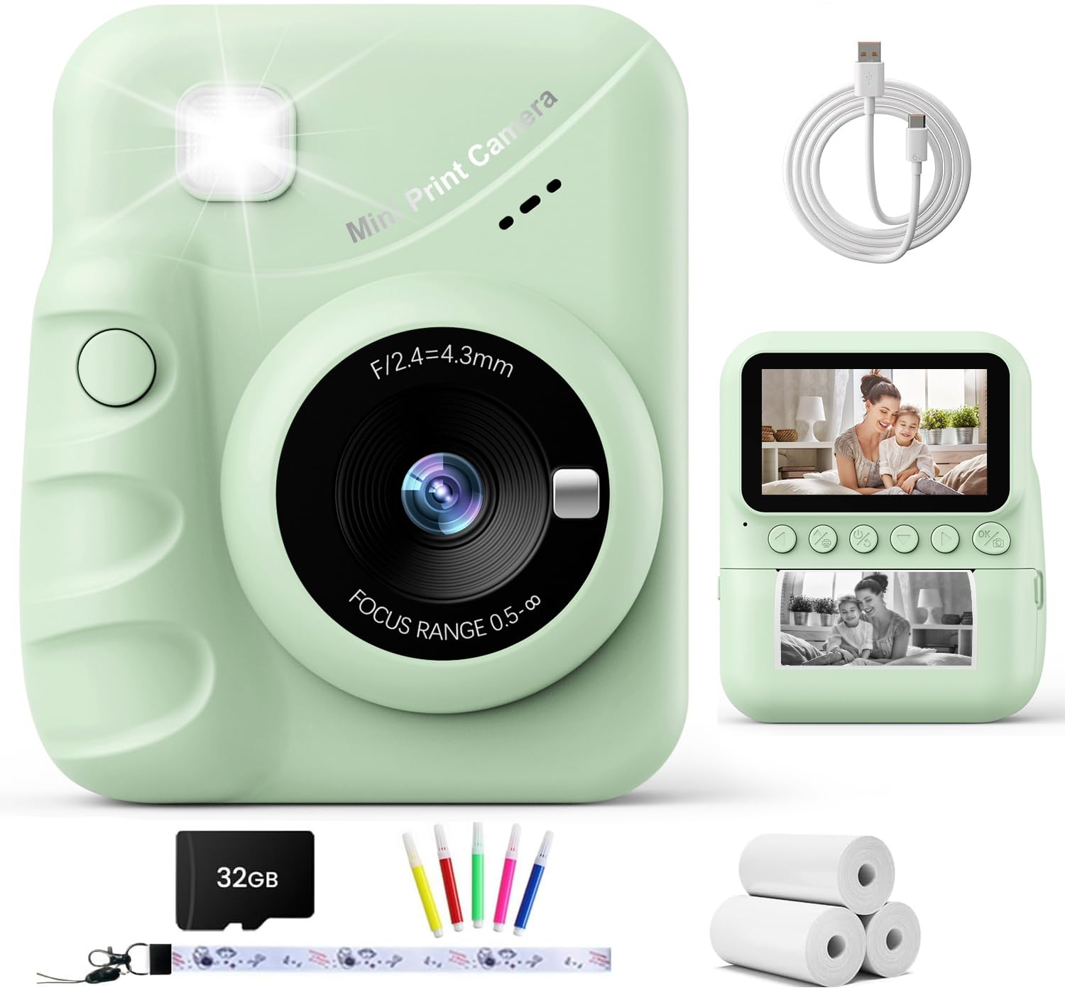 TIATUA Macchina Fotografica Bambini Istantanea, 3.0 Pollici Fotocamera Digitale Bambini con 32GB Scheda & 3 Rotoli di Carta da Stampa, Regalo per Ragazze Ragazzi da 3-12 (verde)