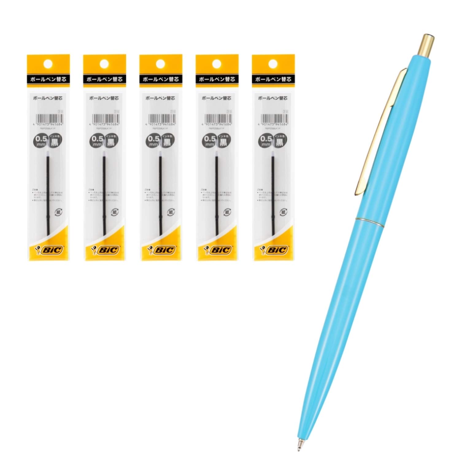 Big CLG05-IBLRF5 Ballpoint Pen, Click Gold, 0.5, Oil-Based, Black, Smooth, Ice Blue Base, Set of 5 Refills