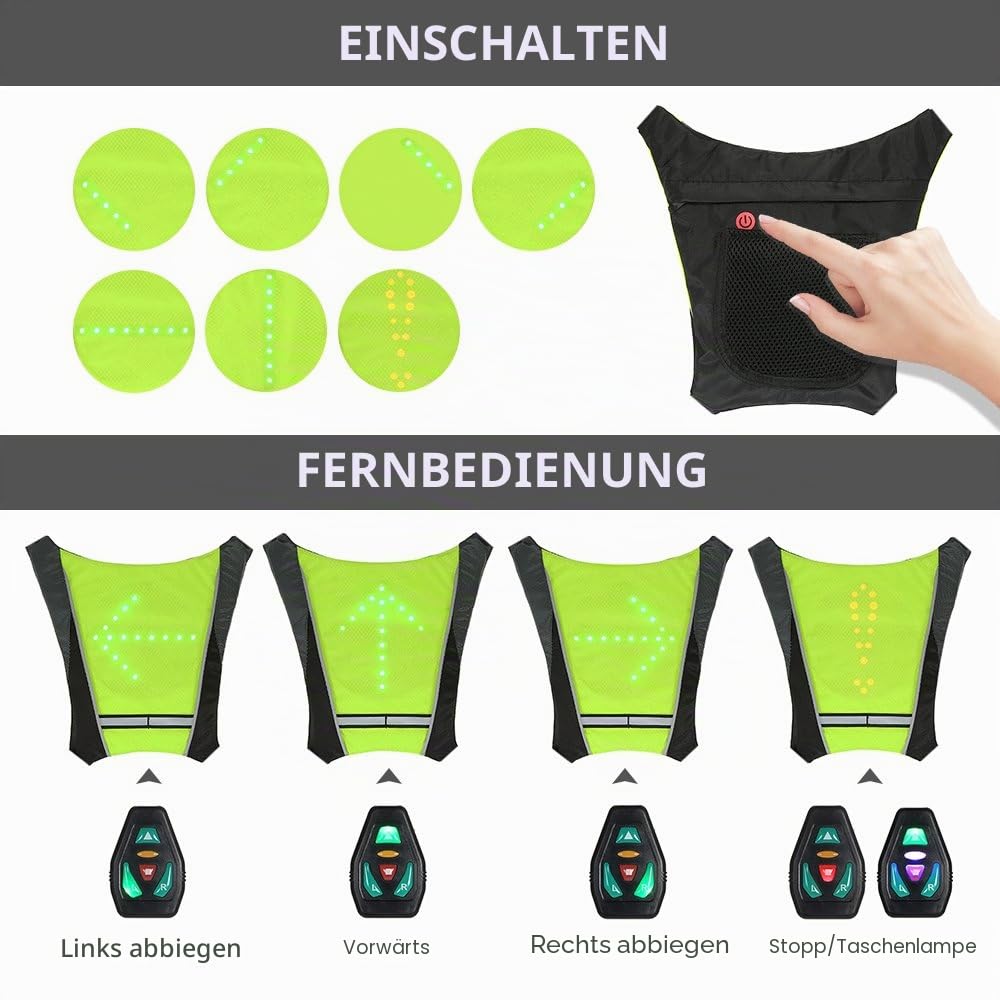 Lixada Reflektierende Fahrrad-Rucksackweste mit LED, Signal bei Richtungsänderung, wiederaufladbar über USB, Fernbedienung, für Radfahren, Spazierengehen