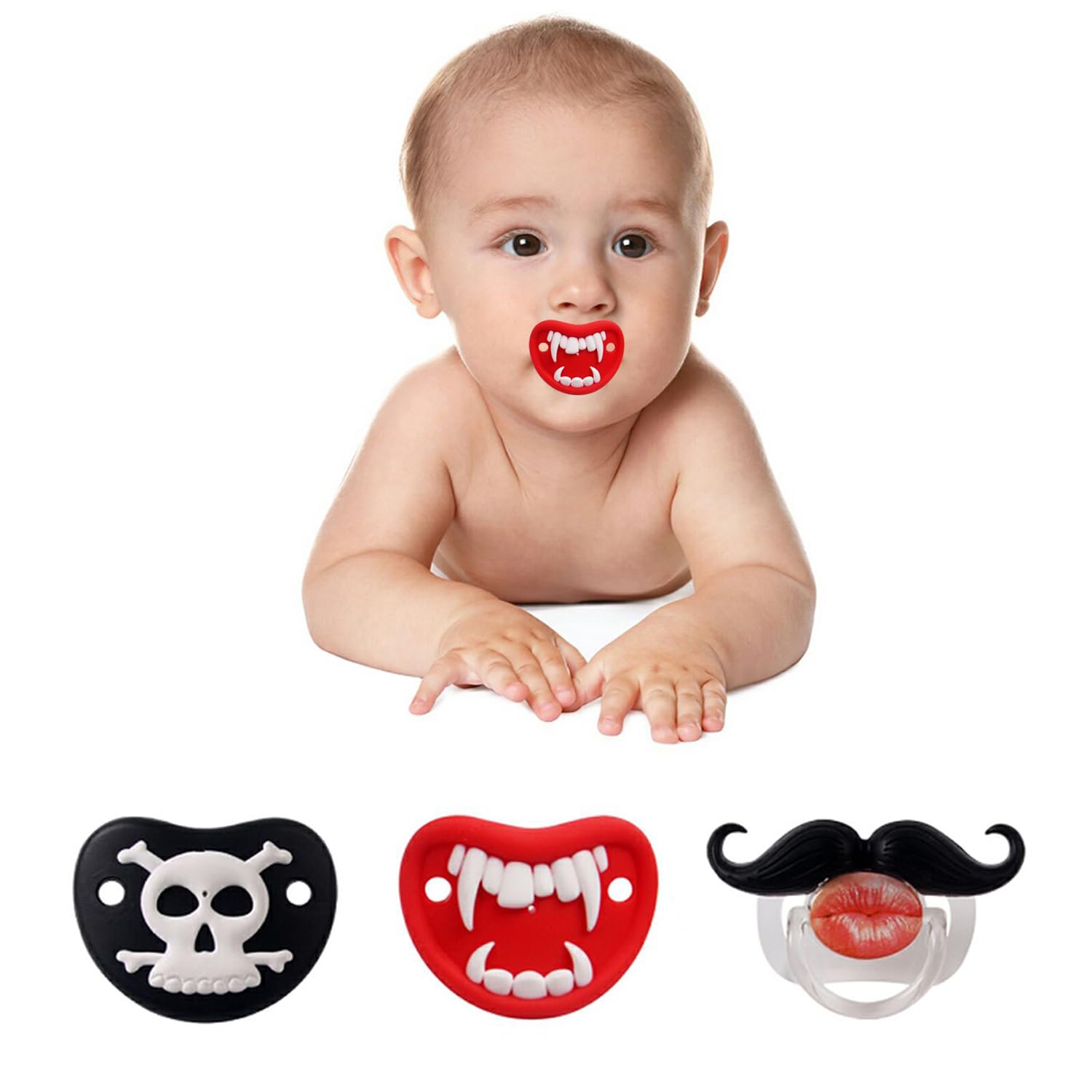 ROBBEAR Funny Baby Pacifier, Cute Mustache Binkies, Vampire Binky Skulls Halloween Pacifiers for Babies 0-36 Months, Silicone Nipple, BPA-Free, Gift