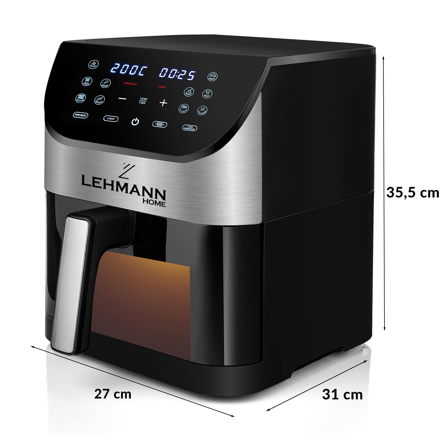 Lehmann Friteuse à air chaud 6L avec 10 programmes de cuisson, friteuse à air chaud 1500 W et contrôle de la température 76-200°C, Air Fryer avec minuterie et écran tactile LED numérique
