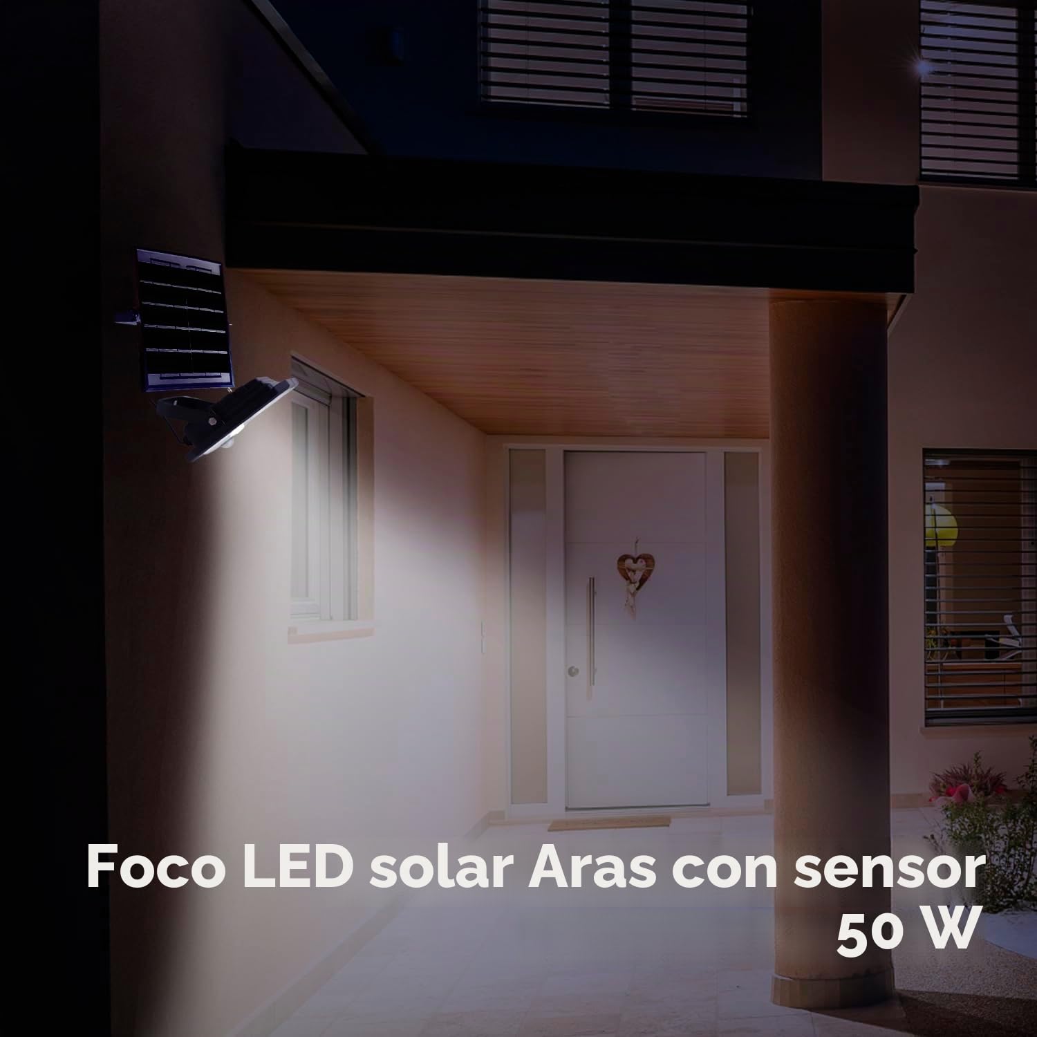 M Ledme - Foco Proyector Led Solar Aras Con Sensor 50W, Color Luz fría (6000k), IP65, Iluminación exterior, de uso para jardín, patios (Paquete de 2)