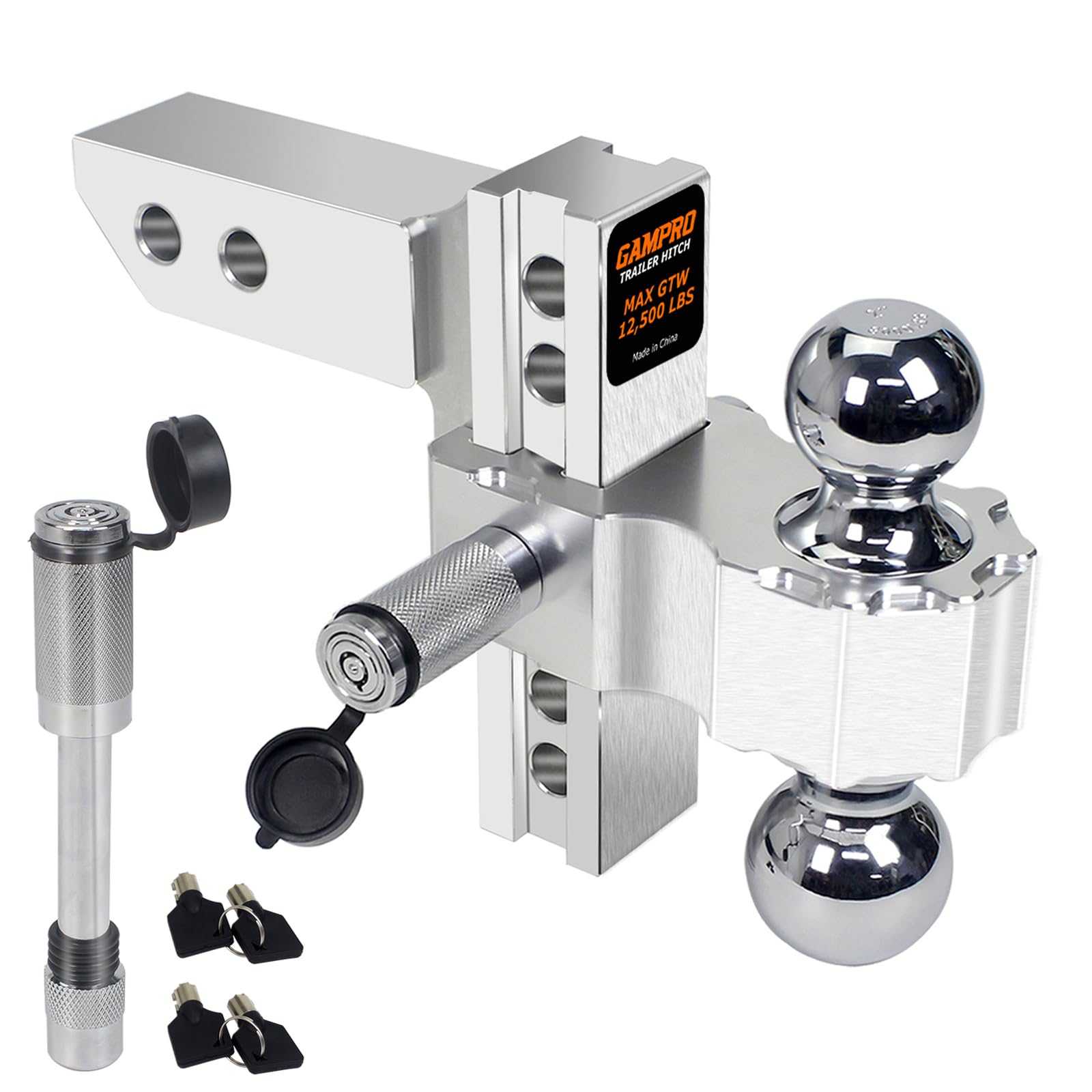 GAMPRO Car Adjustable Trailer Hitch (2-Inch Receiver), with 8 Inch Drop/Rise Chrome Plated Steels Ball Mount, Two Anti-Theft Pins Locks, Heavy Duty Aluminum Tow Hitches for Truck(12,500 LBS GTW)
