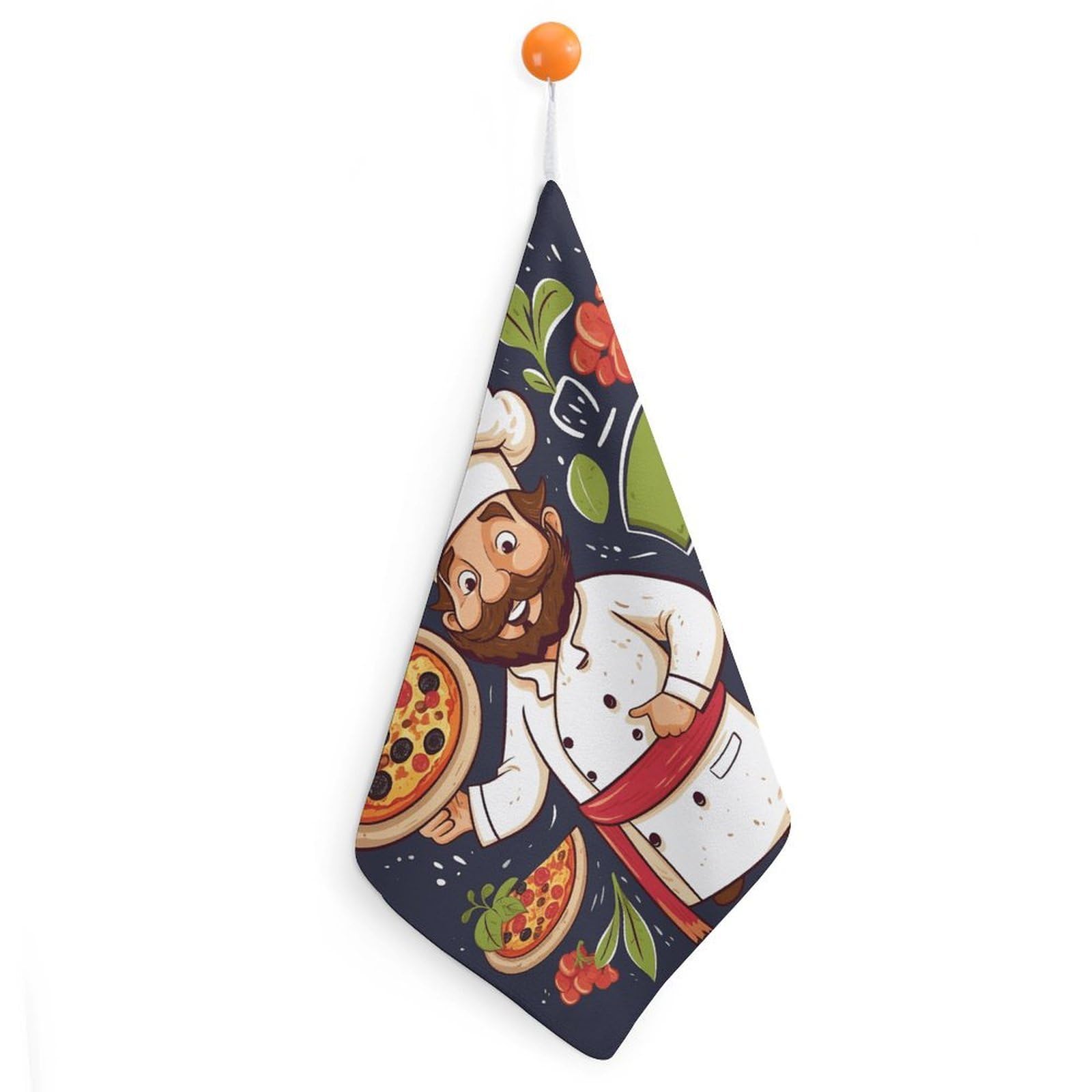 FodPand Chef Pizza Hand Towels with Hanging Strap Fade Resistant Reusable Face Cloths Premium Dish Cloths Absorbent Washcloth Soft Small Towels for Kitchen Bathroom 11x11in