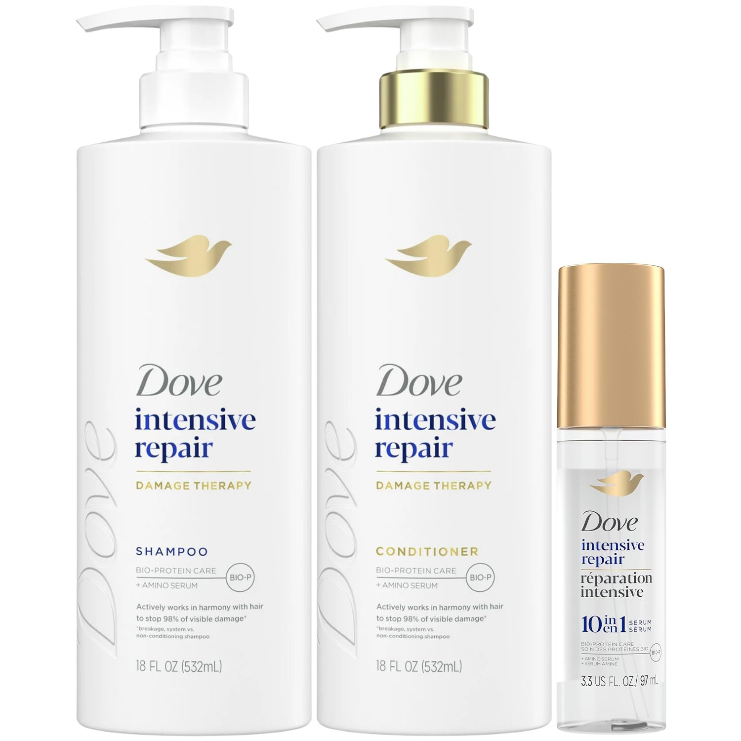 Dove Shampoo, Conditioner & Serum Set, Intensive Repair – Damage Therapy Bio-Protein Care Formulas for Restoring Dry, Damaged Hair (3 Piece Set)