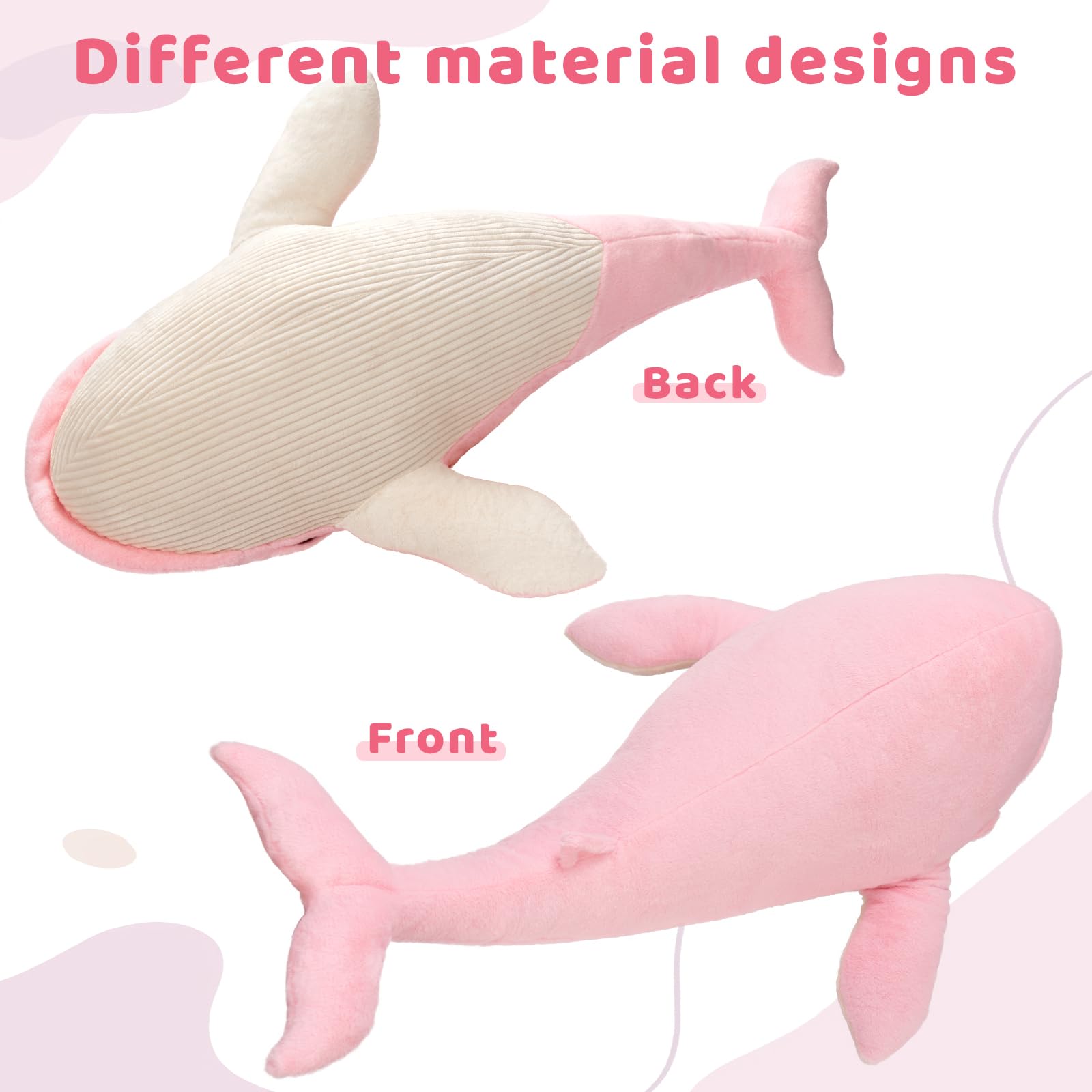 KERTA 43.3 inch Giant Whale Stuffed Animals, Hugging Soft Pink Whale Plush Body Pillow for Girls Women, 4ft Life-Size Ocean Sealife Plush Gift for Christmas Birthday 5