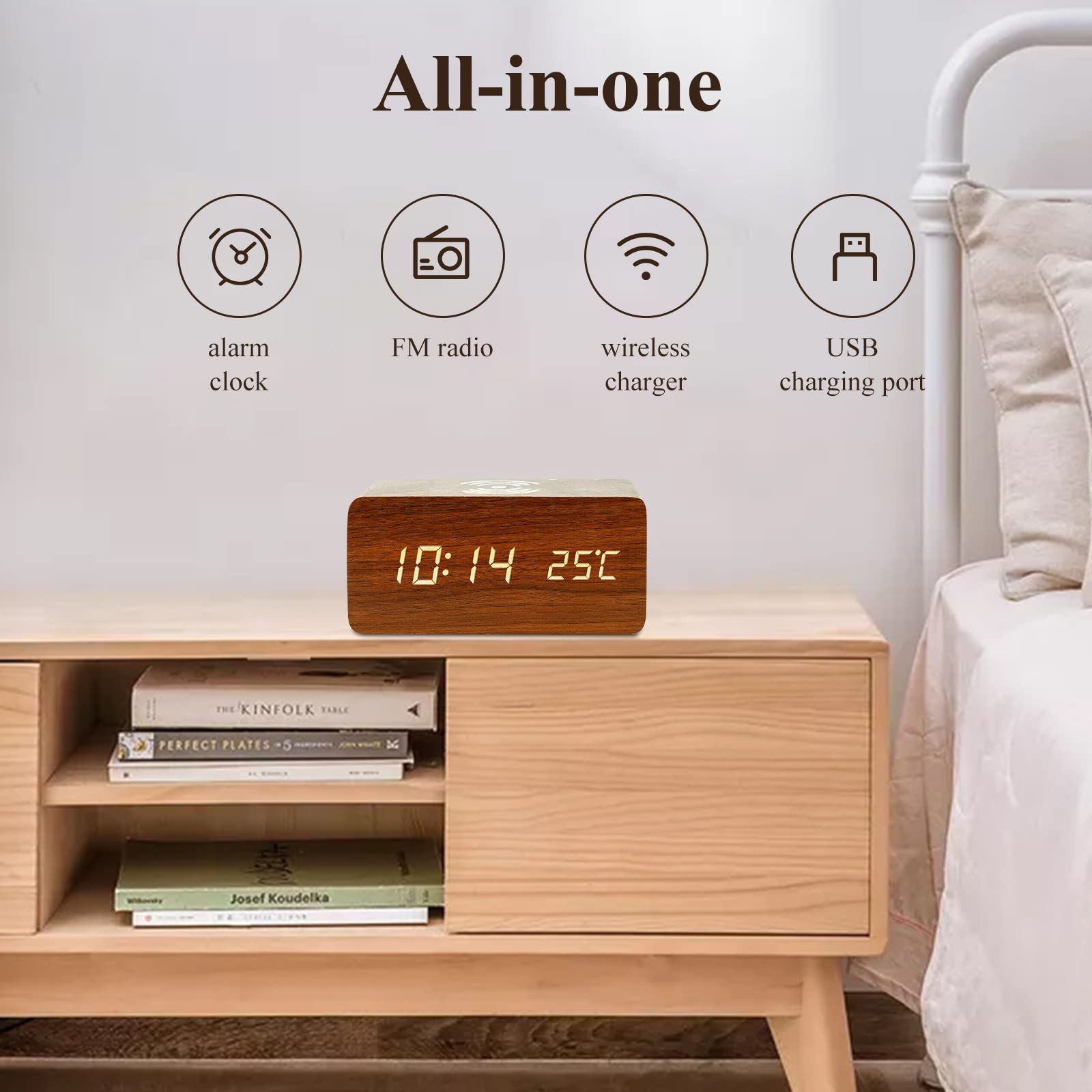 Wooden Digital Alarm Clock with Wireless Charging 3 Alarms Electronic LED Desktop Clock with Temperature Time Display 3 Levels Adjustable Brightness for Bedrooms Living Room Bedside Office brown wood - Image 3