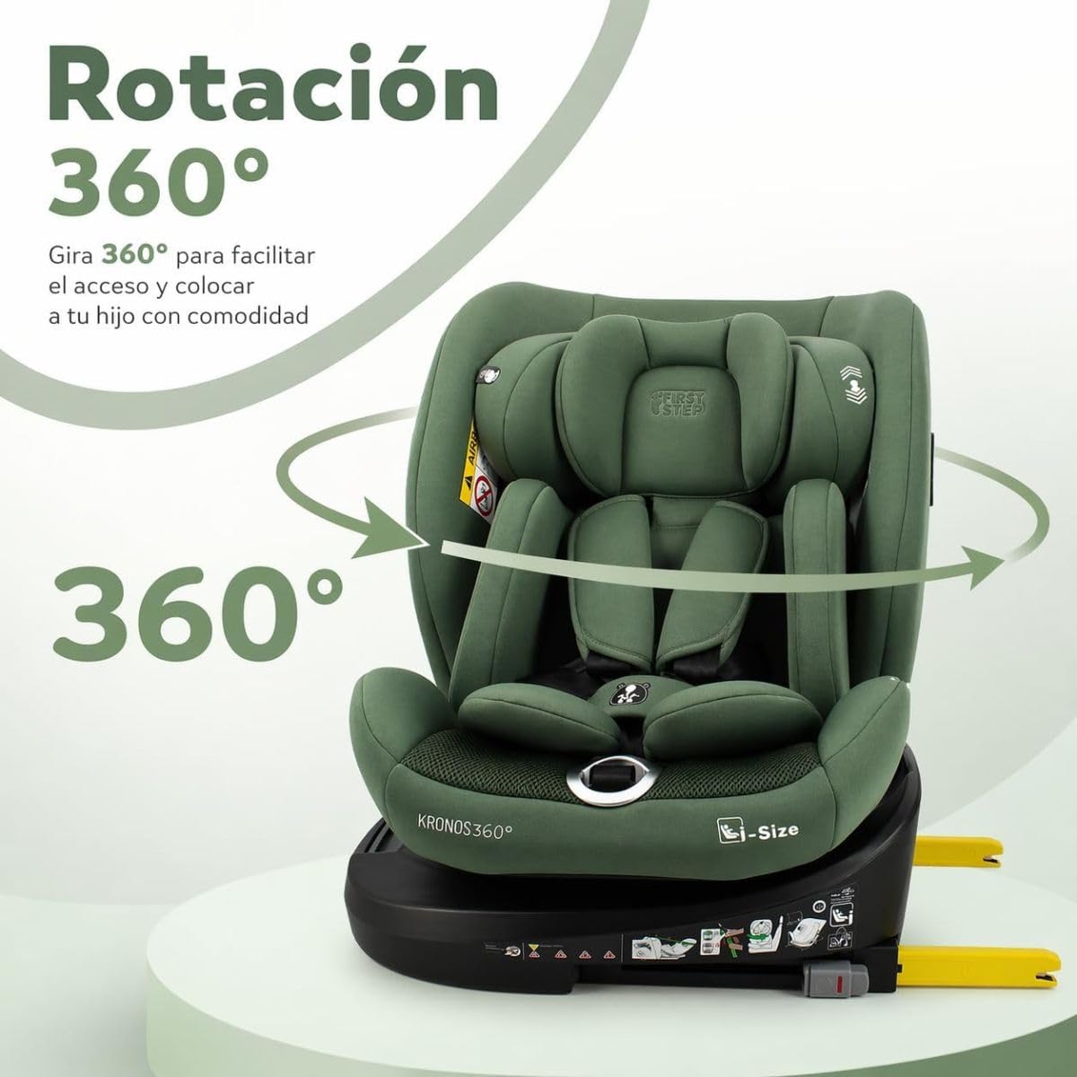 First Step Kronos 360° Silla Coche Bebé i-Size (40-150 cm), Silla Coche ISOFIX Giratoria, Grupo 0/1/2/3, Contramarcha hasta 4 Años, Reclinable 4 Posiciones, Arnés 5 Puntos, 0-12 Años, Verde Oliva