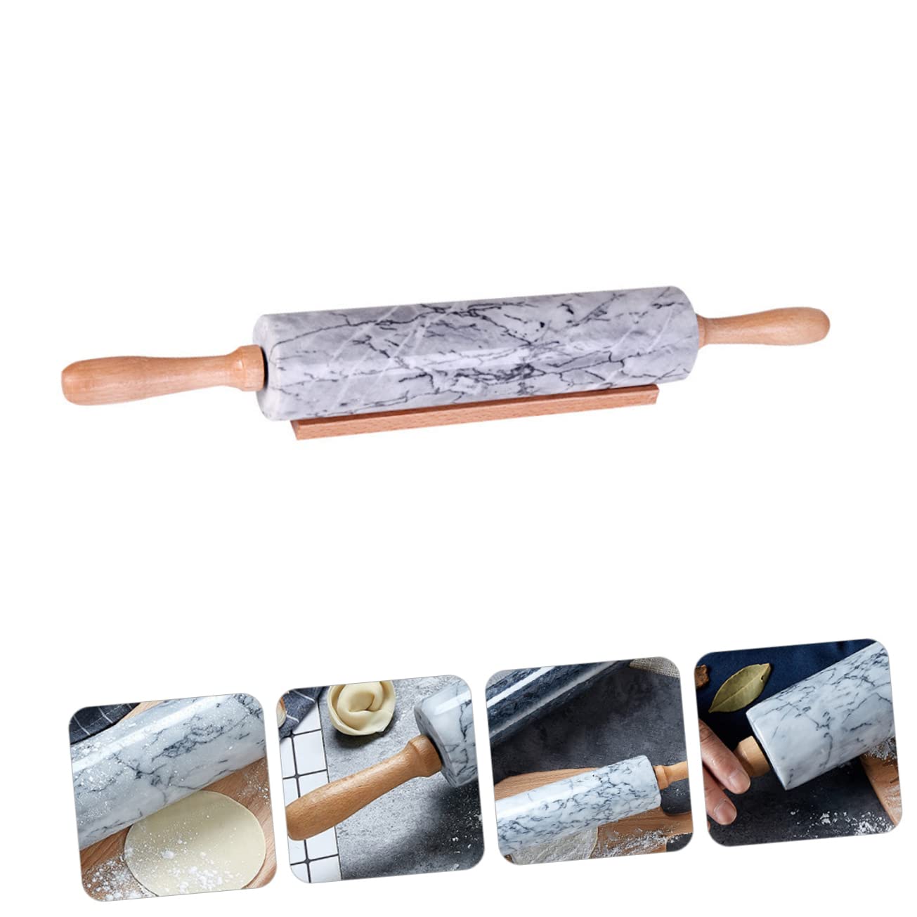 Mattarello in Marmo Naturale Manico in Legno, Superficie Antiaderente, per Cucina e Ravioli, Pratico e Multiuso