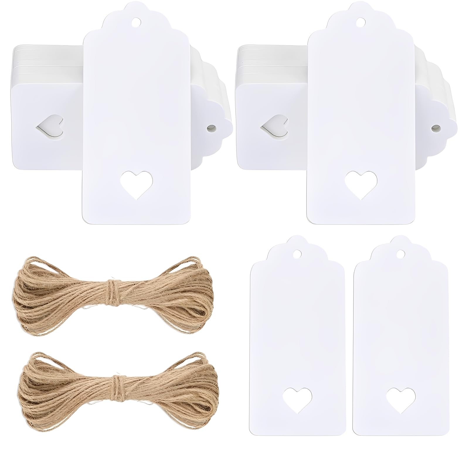 100 PCS White Gift Tags with String, 4.5 x 9.5cm Heart Kraft Paper Present Labels, Blank Hanging Price Tags for Birthday Wedding Easter Christmas Party Crafts