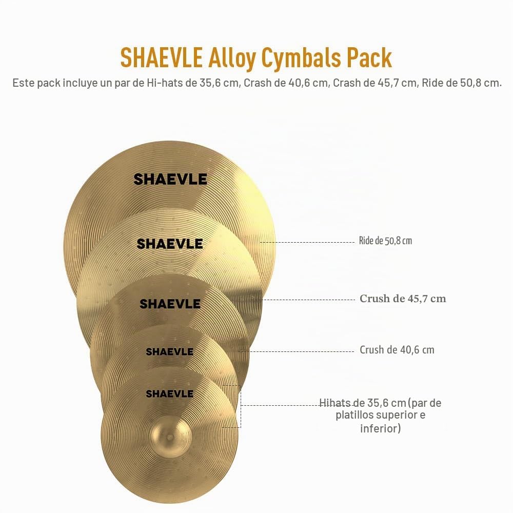 Paquete de platillos de aleación para batería 5 piezas, incluye platillos de 14", 16", 18" y 20", dorados