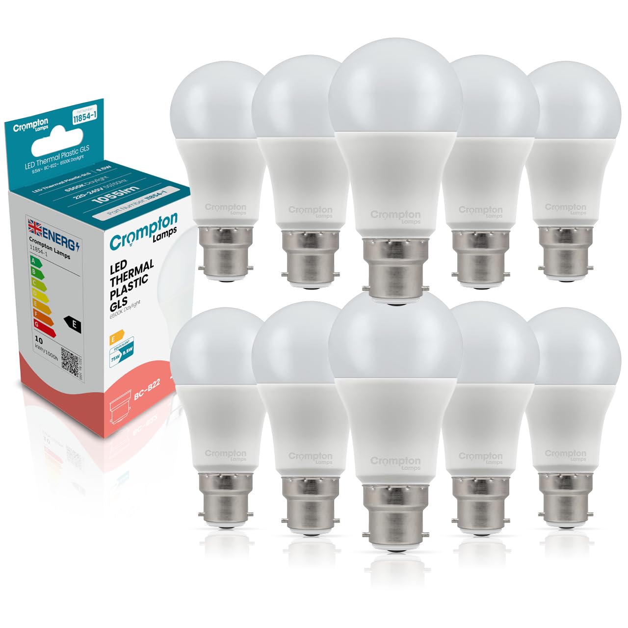 Crompton Lamps GLS LED B22 Bulb | 9.5W = 75W Equivalent | Daylight 6500K | Energy Efficient | Bayonet Lightbulb | Long Life 15,000-Hrs | Dimmable Bulbs for Lamps | 10-Pack