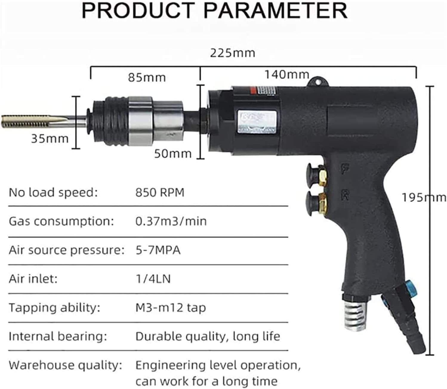 Pistolet pneumatyczny M3-M12 z głowicą samoblokującą, regulowana prędkość do gwintowania stali, odlewów, sprzętu, rur metalowych i kół zębatych