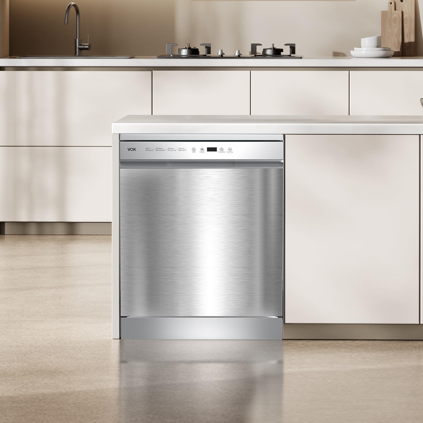 VOK Lavavajillas 60 cm 14 Cubiertos Inox – 3ª Bandeja, 8 Programas, 47 dB Silencioso, Apertura Automática, Aquastop, Cesta Ajustable – Eficiencia Energética C – Instalación Incluida
