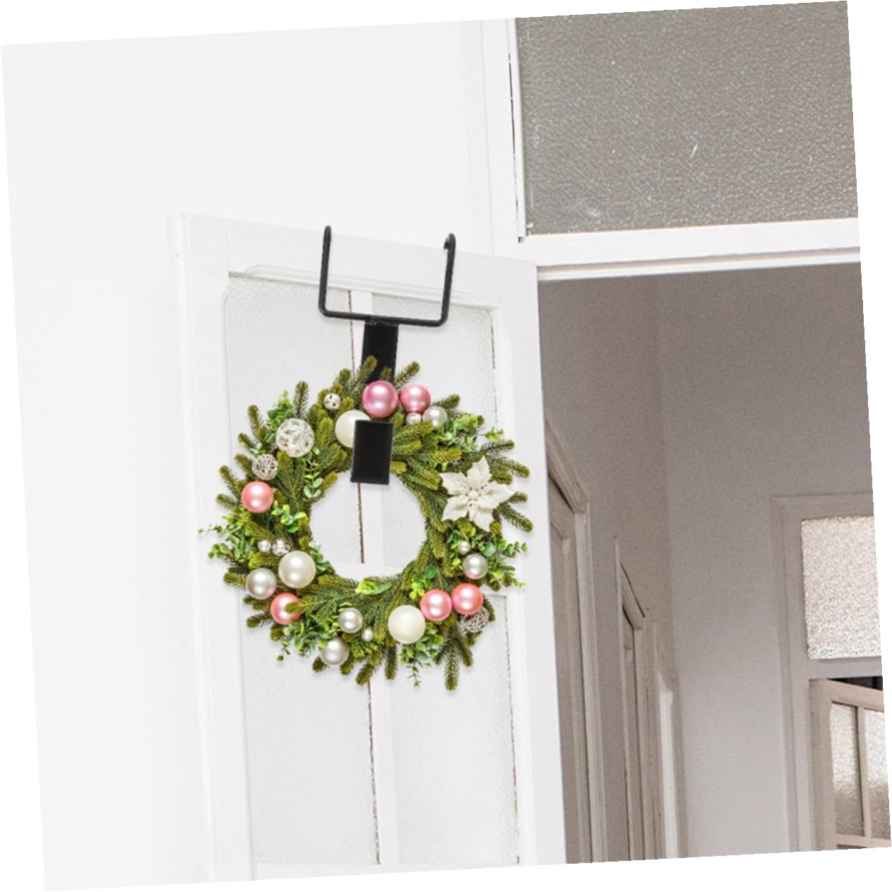 4pcs Over Door Wreath Hangers Black Wrought Iron Cast Iron Hooks for Christmas Garland and Halloween Decorations, Long Sturdy Wreath Holder for Tall Front Door