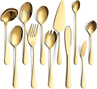 Vista 9 de Juego de utensilios de servicio de 11 piezas, juego de cubiertos modernos de acero inoxidable, cucharas, tenedor, cuchillo, cucharón, vajilla