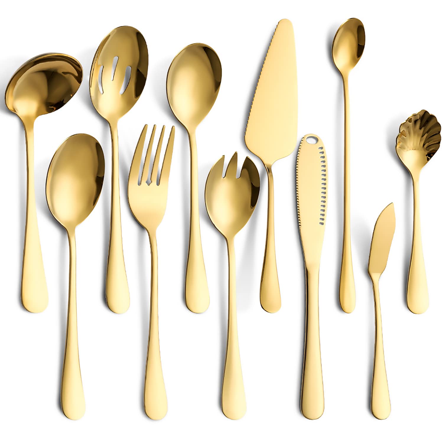 Dadamong 11-Piece Serving Utensil Set, Stainless Steel Modern Flatware Serving Set Serving Spoons Fork Knife Ladle, Tableware Cutlery for Home Restaurant Buffet Party (Gold)