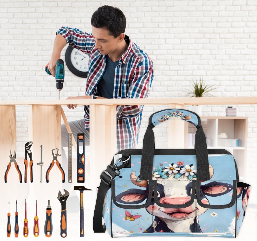 Funny Cute Cow Bull Animal Tool Bag for Men and Women, 14.8inch Heavy Duty Tools Tote Organizer Bags, Waterproof Tool box Storage Bag with Adjustable Shoulder Strap
