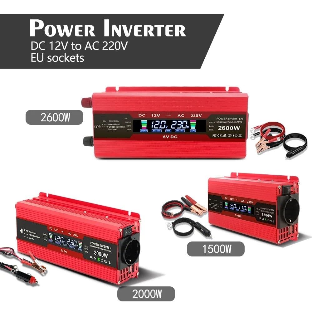 Convertidor Inversor Transformador Inversor Onda Sinusoidal Modificada 1500W/2000W/2600W Convertidor Voltaje Portátil 12V CC A 110V/220V CA Inversor Solar para Coche Enchufe UE(1500w 12V 50hz A)