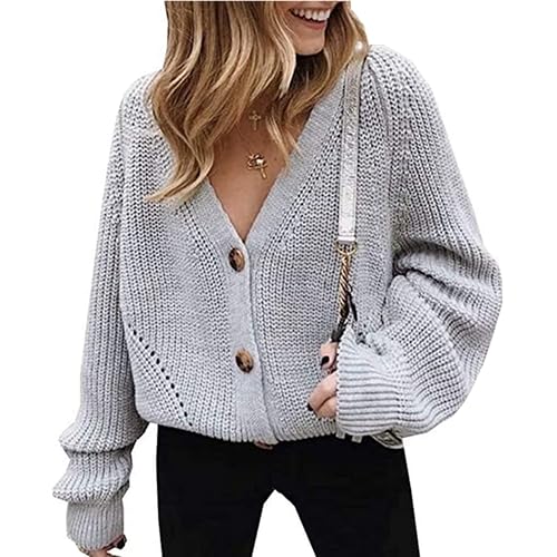 Asskdan Women's V Neckline Button Down Knitwear Lantern Sleeve Basic Knit Cardigan Sweater Tops