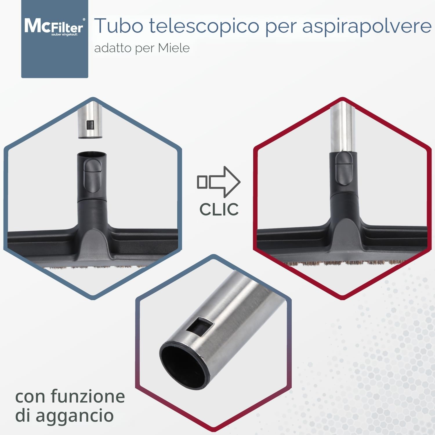 McFilter - Tubo telescopico adatto per tutti gli aspirapolvere Miele, ad esempio, S2, S4, S5, S6, S8, C1, C2, C3, in acciaio inox, con funzione clic
