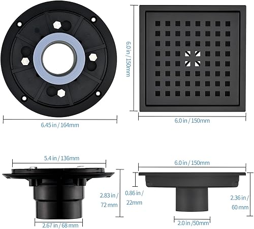 Miniatura 3 de Juego de 2 desagües de ducha cuadrados de 6 pulgadas con rejilla cuadrada extraíble, acero inoxidable 304, incluye filtro de pelo con base de