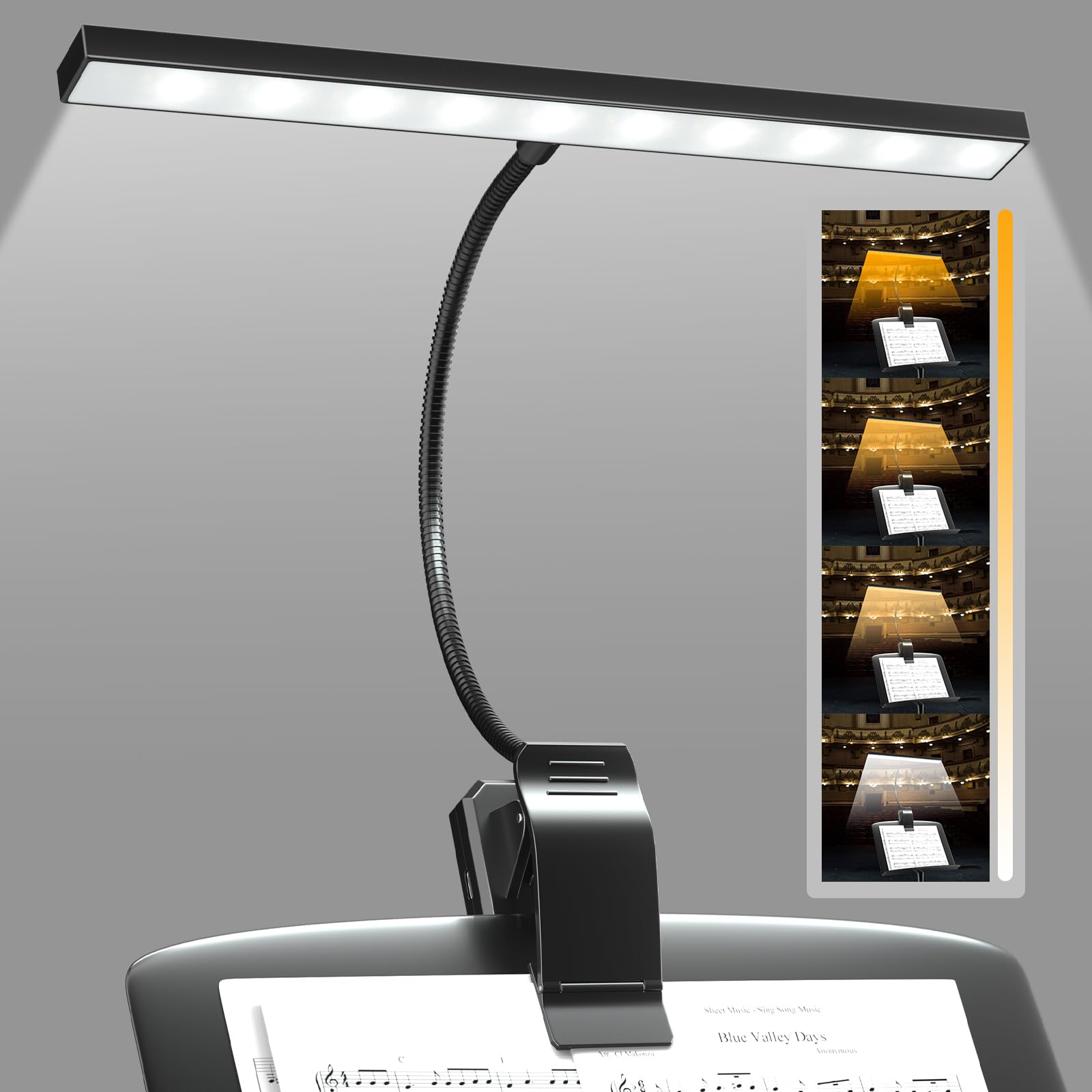 Luce a 30 LED per leggio, luce a clip per leggio, luce ricaricabile USB per pianoforte,luce da lettura, 4 colori e 3 luminosità, perfetta per pianoforte, lettura,violino,orchestra,Spartiti