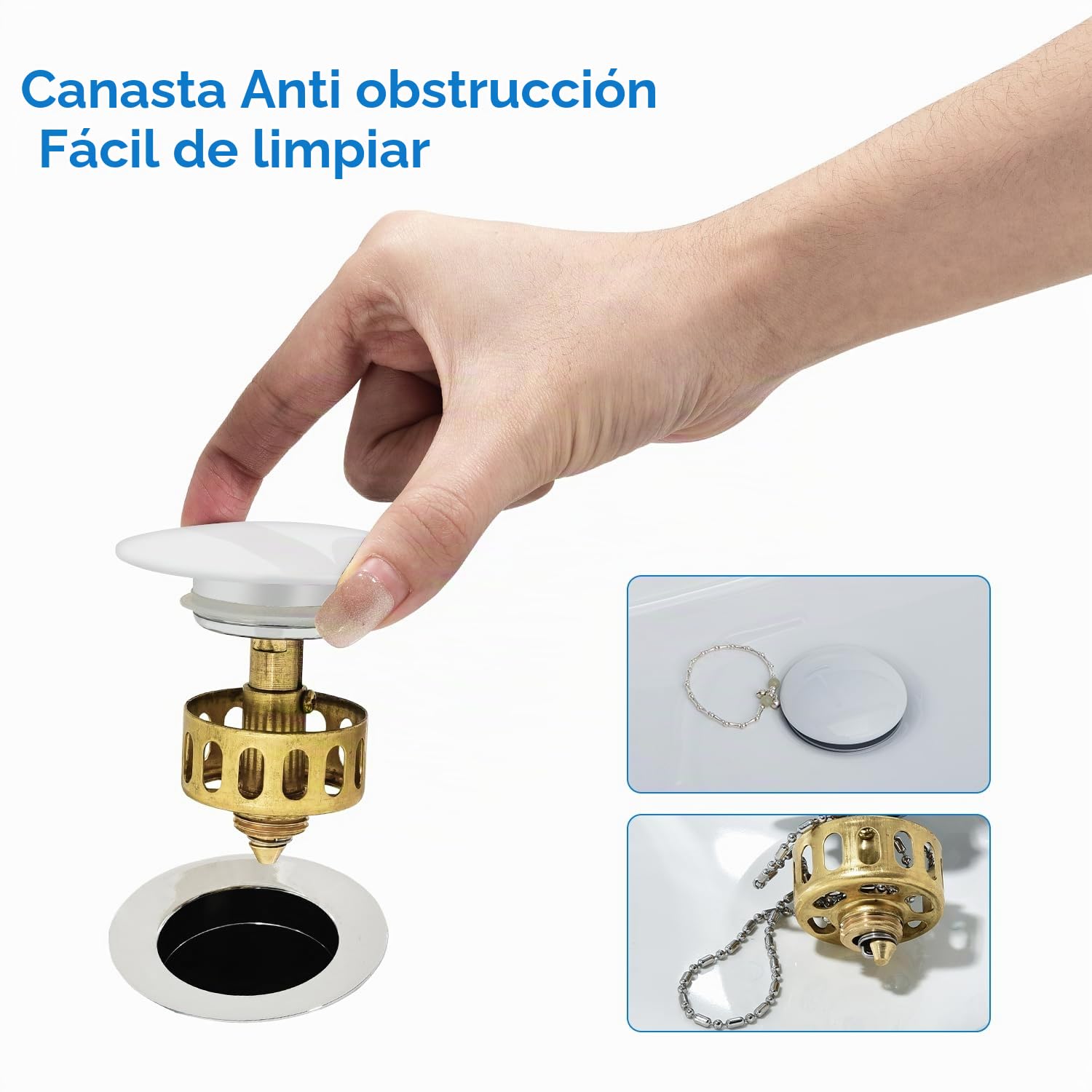 Desagüe Lavabo Blanca con o sin Rebosadero, Tapon Lavabo Click Clack, Tapa Blanca de Cerámica, Válvula Desagüe Pop Up con Cesta Filtrante, Universal G1 1/4" para Baño y Aseo