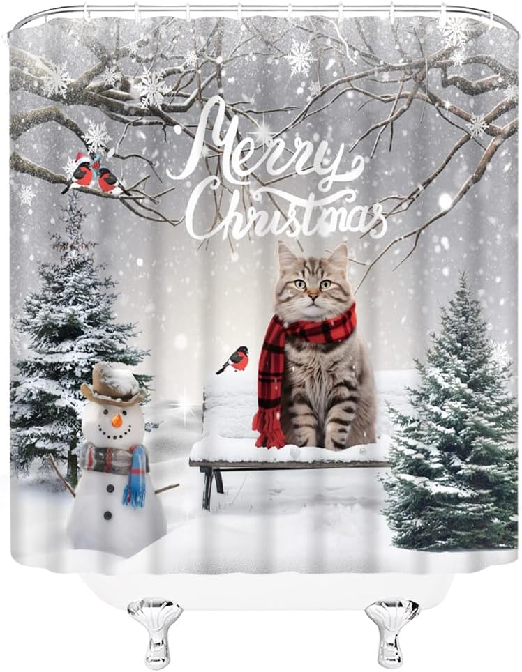 Merry Christmas Shower Curtain Cute Cat Sitting in Bench Snowman Snow Pine Tree Red Bird Animal Bathroom Decor Fabric Curtains with Hook 70Wx80H Inches