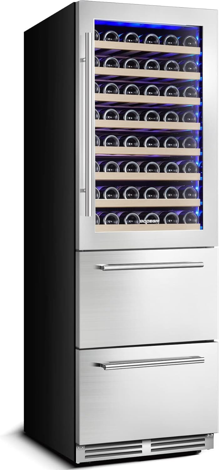BODEGA Wine and Beverage Refrigerator, 24 Inch 2 IN 1 Dual Zone Wine Cooler,Built-in or Freestanding Beverage Cooler, Soft LED Light Hold 88 Bottles and 149 Cans, silvery