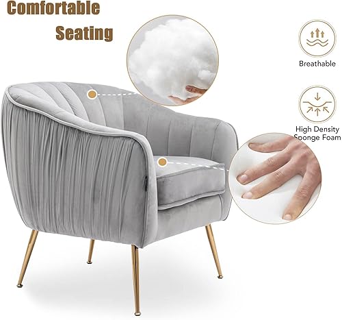 Miniatura 5 de Altrobene Silla decorativa de terciopelo, Silla moderna de barril, Sillones de brazo para sala de estar, acabado dorado, gris