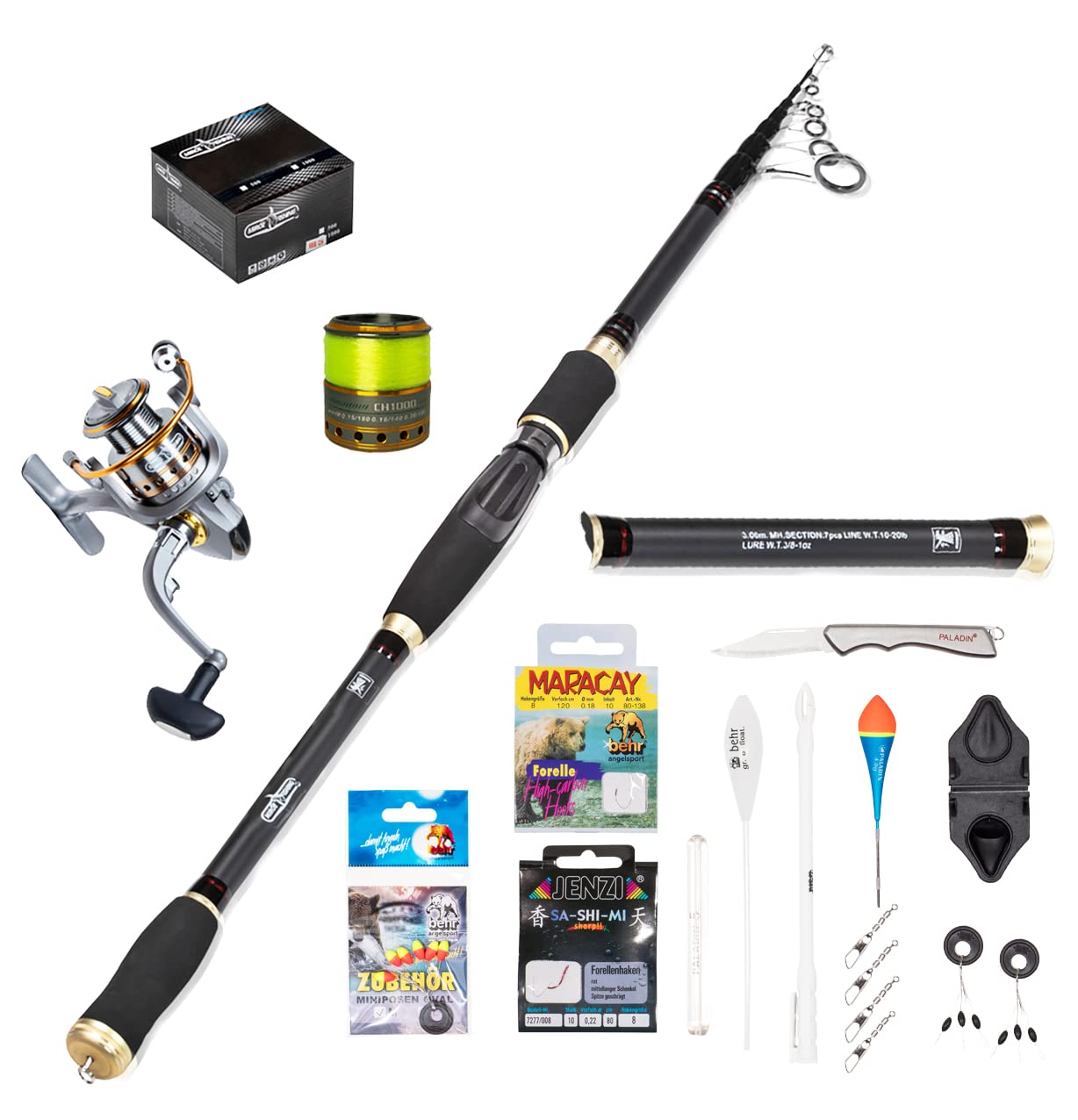 Tackle Master Allround Fishingset Angelset Angelcombo Teleskoprute 3m Angelrolle mit Schnur Zubehörset im Sortierkasten
