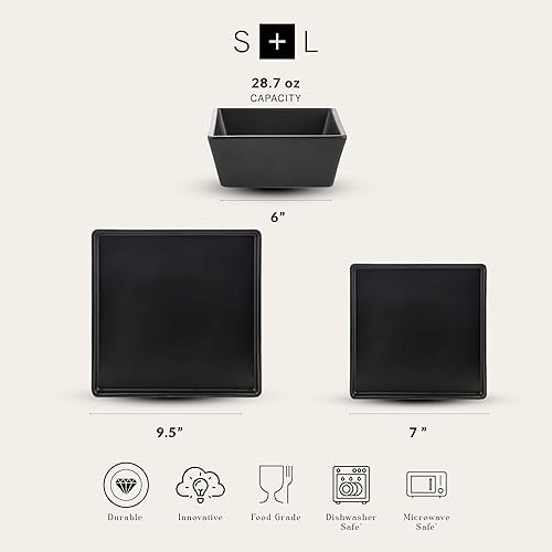 Miniatura 2 de Stone Lain Grace - Juego de vajilla cuadrada de gres, 12 piezas de servicio para 4, juego de platos y tazones, color negro Negro -,Blanco