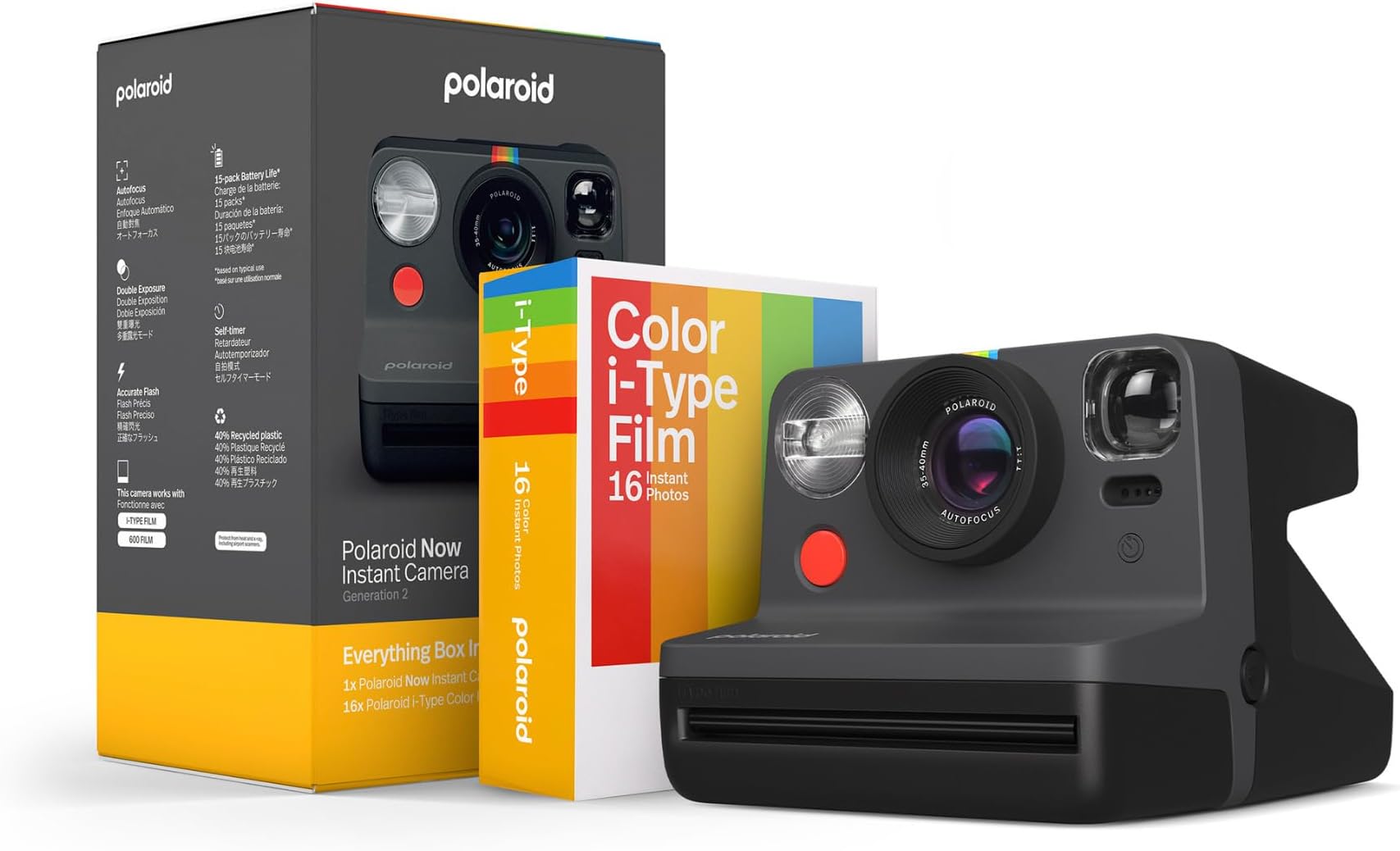 Polaroid Now 2nd Generation I-Type Instant Camera + Film Bundle - Now Black Camera + 16 Color Photos (6248)