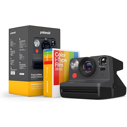 Polaroid Now 2nd Generation I-Type Instant Camera + Film Bundle - Now Black Camera + 16 Color Photos (6248)- Black
